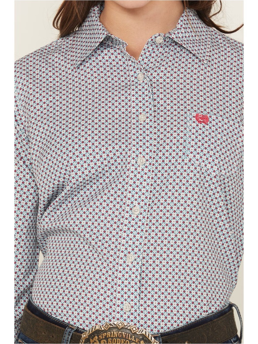 Cinch Women's Button-Down Shirt in Burgundy and White Geometric Print